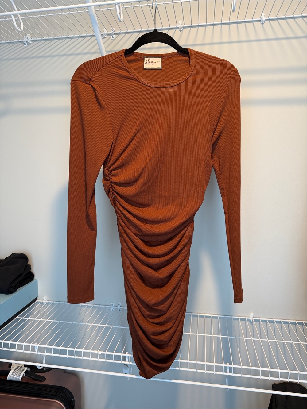Ruched Long-Sleeve Bodycon Dress — Rust